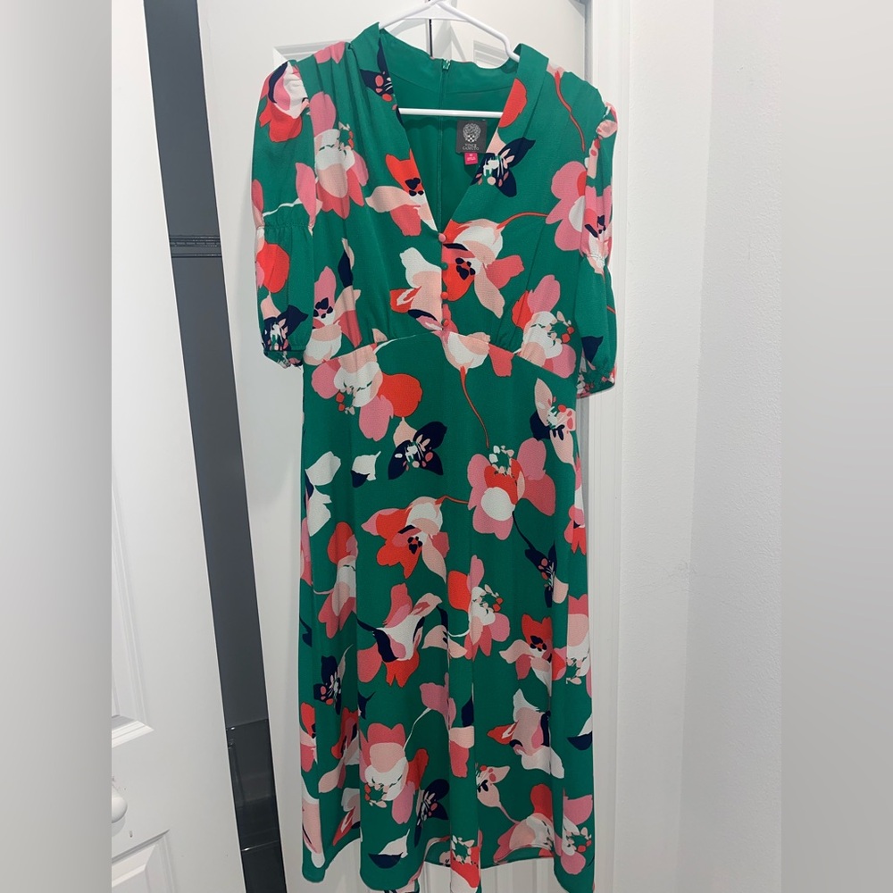 Vince Camuto Green Floral Midi Dress Size 10 | Spring Summer Wedding Guest